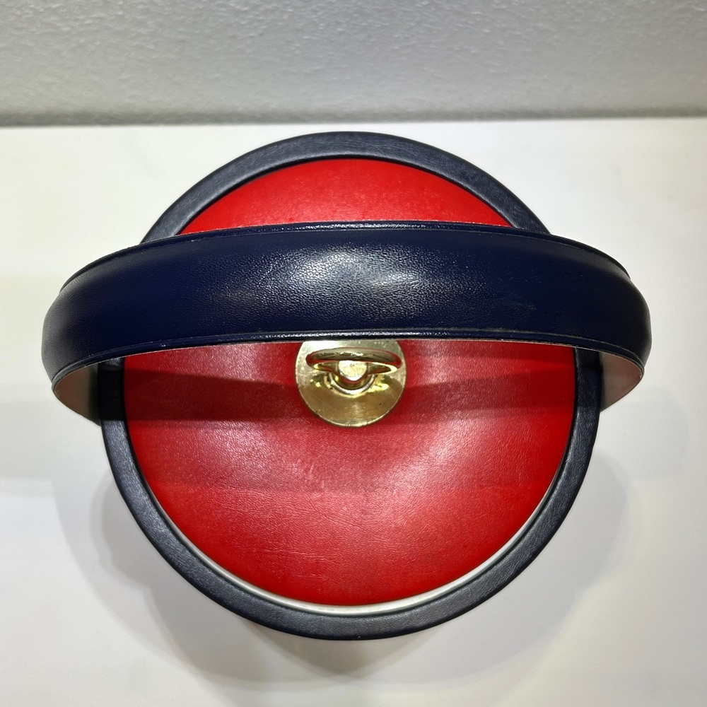 Vintage 70’s Georges Briard USA Navy / Red Leather Insulated Lidded Ice Bucket - Picture 4 of 14